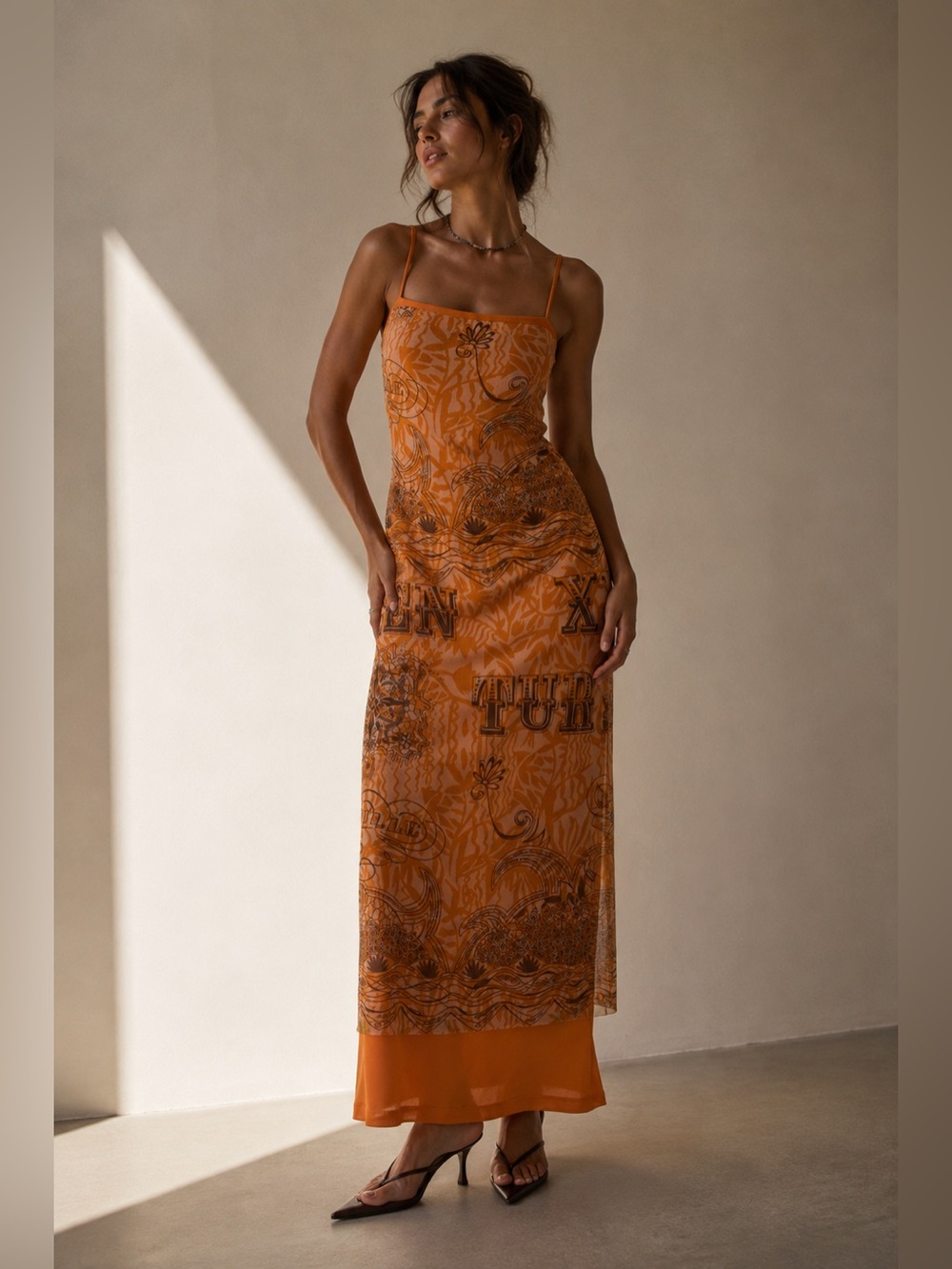 Vintage Y2K Apart Impressions Orange Graphic Mesh Maxi Dress Size 4